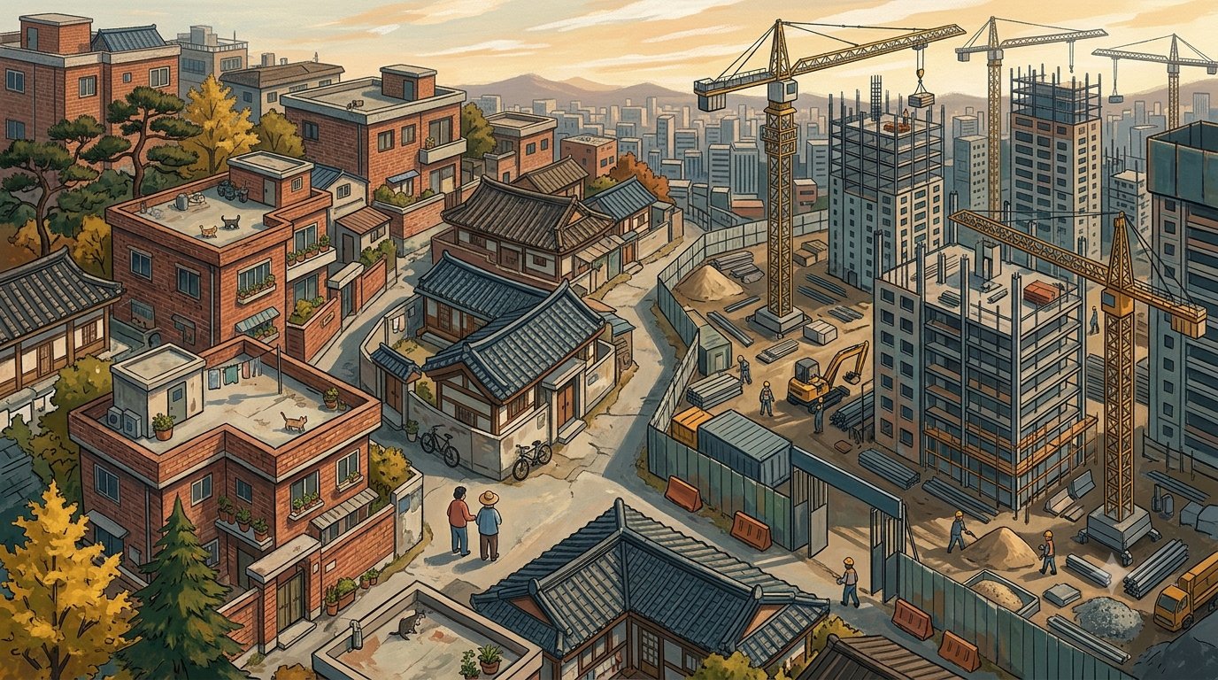 오래된 빌라 골목과 공사 중인 새 단지 — 재개발 구역의 두 얼굴
