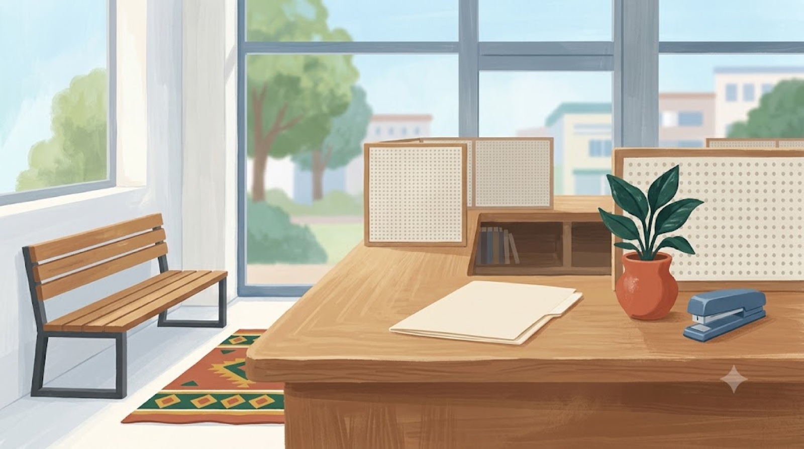 주민센터 접수 창구 — 신청은 공고일 이후 서류로